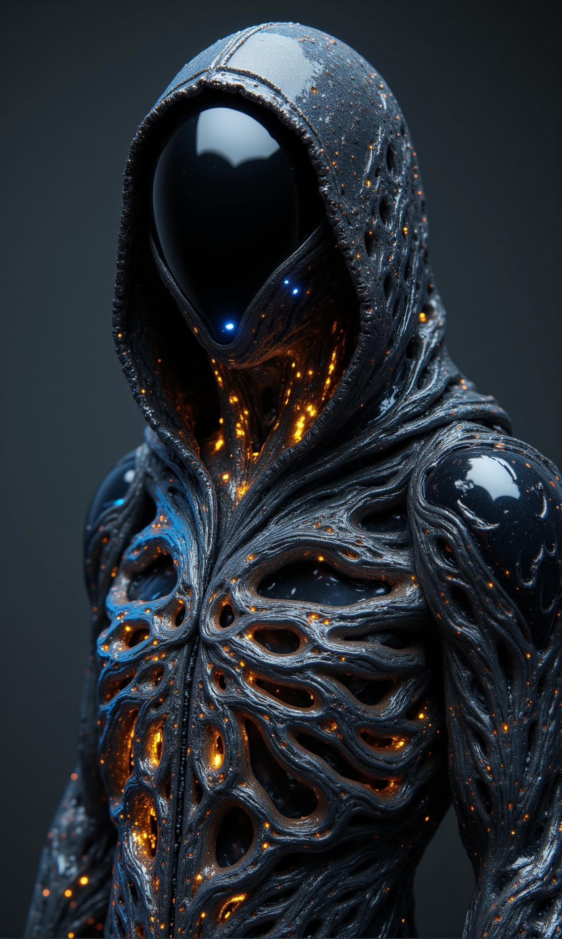 dark eldritch cyborg entity shrouded in a hooded cloak, its form shifting and twisting like living coral. The creature’s body is made of an organic, porous material, with countless holes forming eerie, unnatural patterns. Its face is obscured by the deep shadows of the hood, leaving only an unsettling void. The texture of its body is a mix of chitinous ridges and liquid-like structures, as if frozen mid-motion. The surface of the entity is primarily deep charcoal gray, but veins of glowing electric blue and eerie golden yellow pulsate through its porous structure, casting an ominous light. The blue glow shimmers like cold plasma, while the yellow has an intense, almost divine radiance, resembling molten gold. The cloak is a muted black with faint streaks of blue light reflecting off its edges, adding an otherworldly vibrancy to the darkness. The glowing elements create a ghostly contrast against the shadows, emphasizing its unnatural presence.

