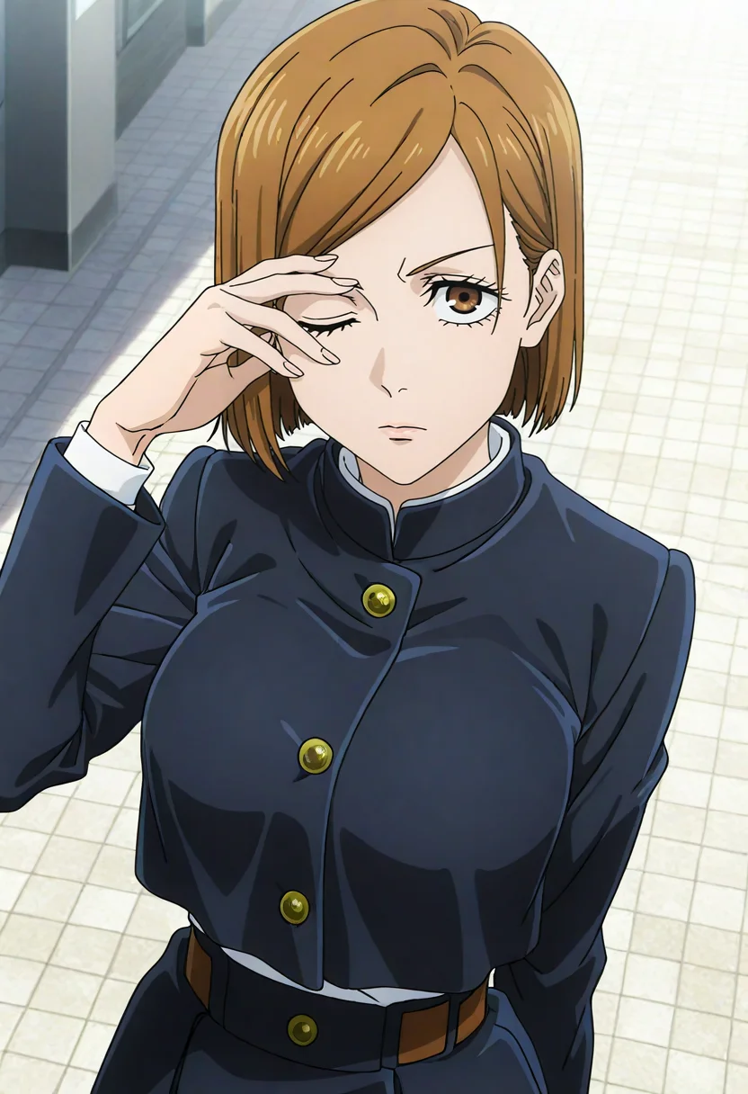 masterpiece, best quality, absurdres, highres, detailed background, <lora:hyperSD8:1>,
<lora:KUGISAKI_NOBARA:1> anime screencap, 1girl, solo, kugisaki nobara, brown hair, brown eyes, school uniform, upper body, looking at viewer, station, expressionless, covering one eye, hand on own head, one eye closed, from above, looking up, sunlight, dutch angle,