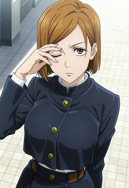 masterpiece, best quality, absurdres, highres, detailed background, <lora:hyperSD8:1>,
<lora:KUGISAKI_NOBARA:1> anime screencap, 1girl, solo, kugisaki nobara, brown hair, brown eyes, school uniform, upper body, looking at viewer, station, expressionless, covering one eye, hand on own head, one eye closed, from above, looking up, sunlight, dutch angle,