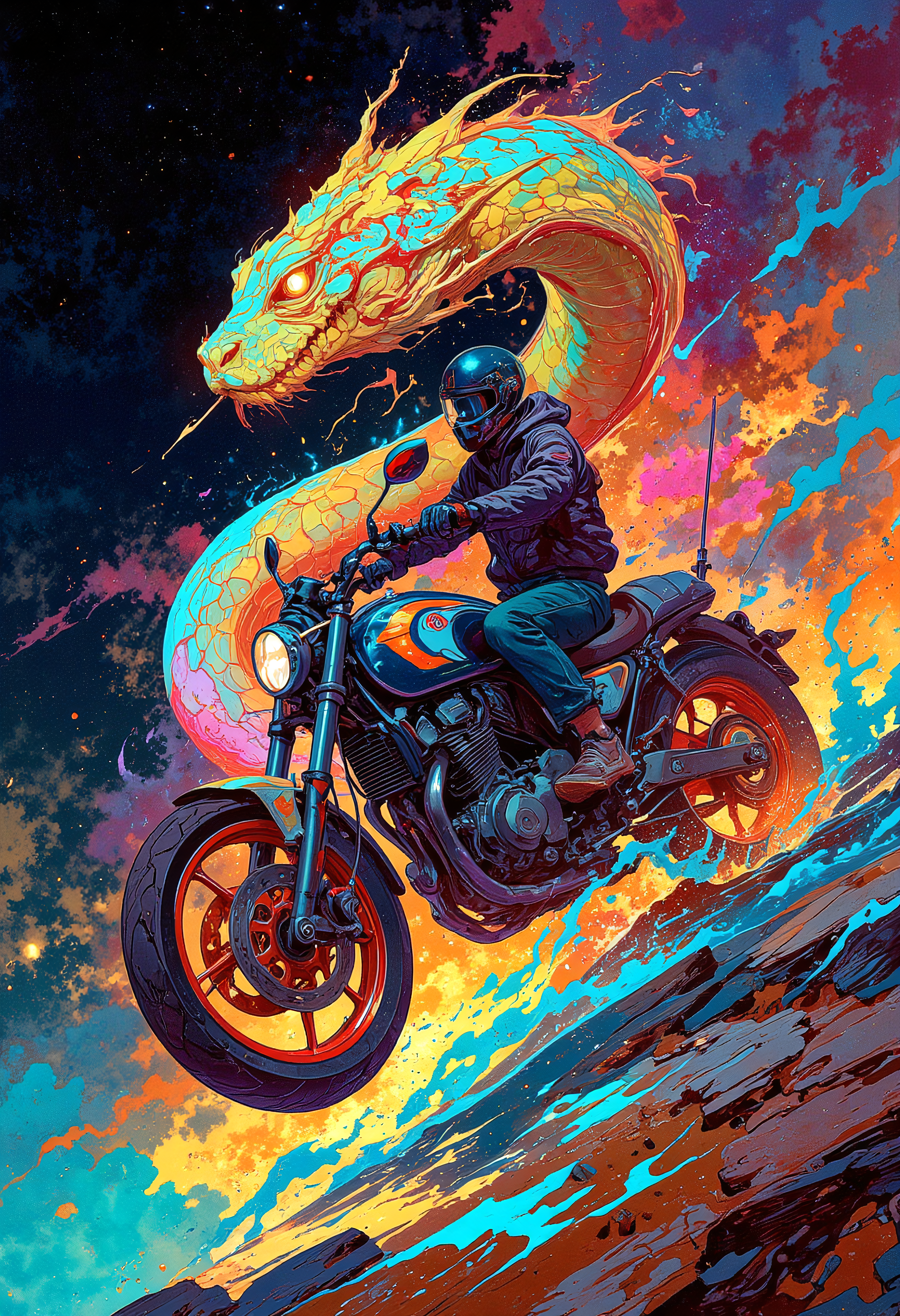 A closeup of a man riding a motorcycle on the body of a brightly colored snake, translucent, epic, cinematic, vibrant glow
