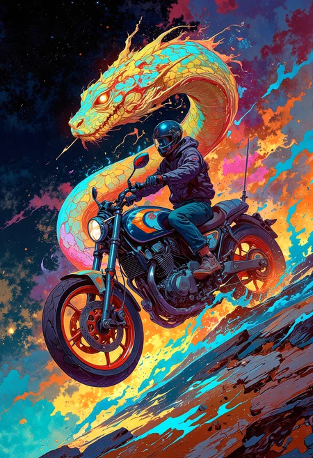 A closeup of a man riding a motorcycle on the body of a brightly colored snake, translucent, epic, cinematic, vibrant glow