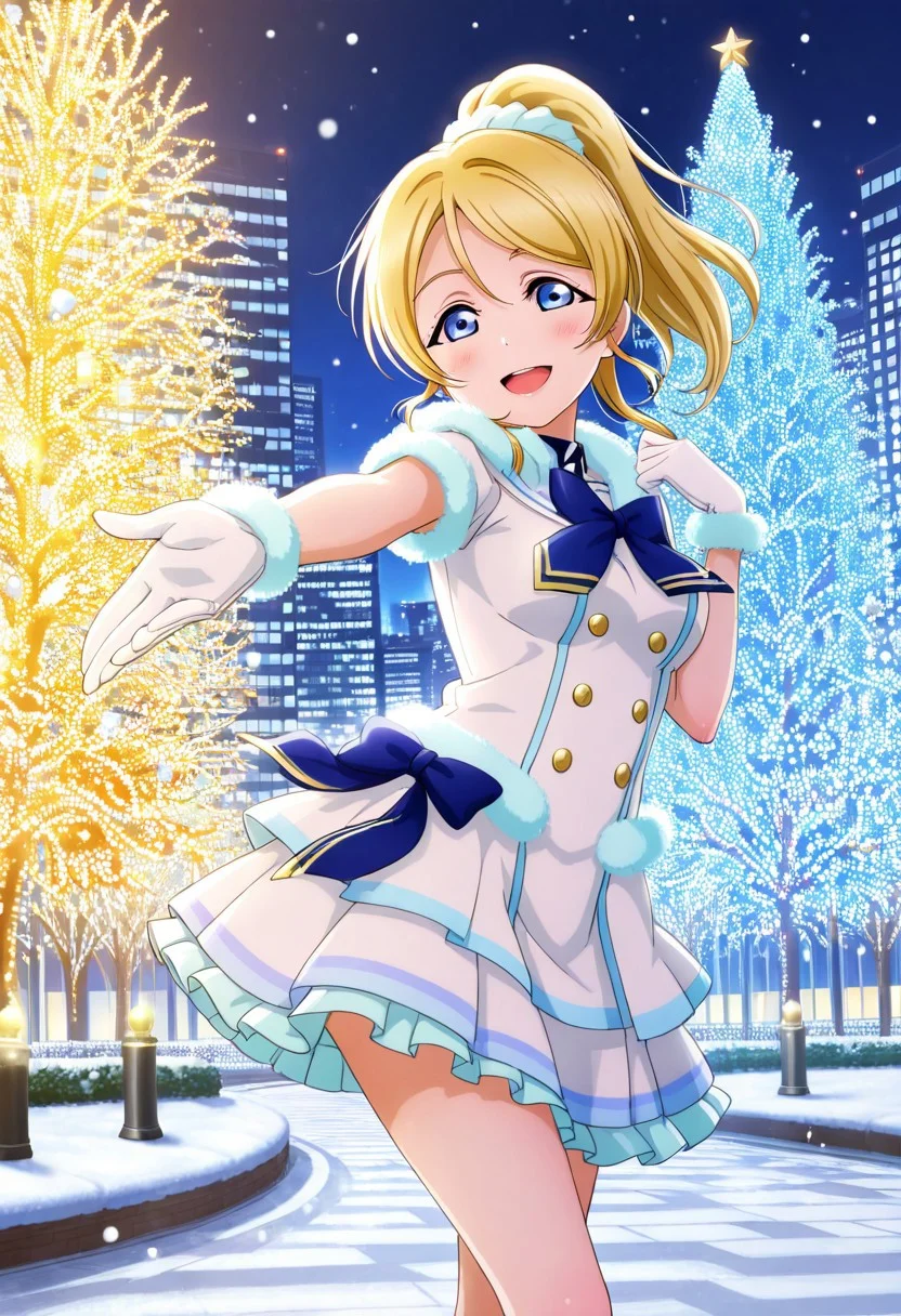 1girl, artist_request, ayase_eli, blonde_hair, blue_eyes, blush, bow, building, city_lights, cityscape, dancing, gloves, hair_ribbon, highres, lights, long_hair, looking_at_viewer, love_live!, love_live!_school_idol_festival, love_live!_school_idol_festival_all_stars, love_live!_school_idol_project, night, night_sky, official_art, open_mouth, ponytail, ribbon, scrunchie, skirt, sky, skyscraper, smile, snow, snow_halation, solo, white_gloves, white_scrunchie