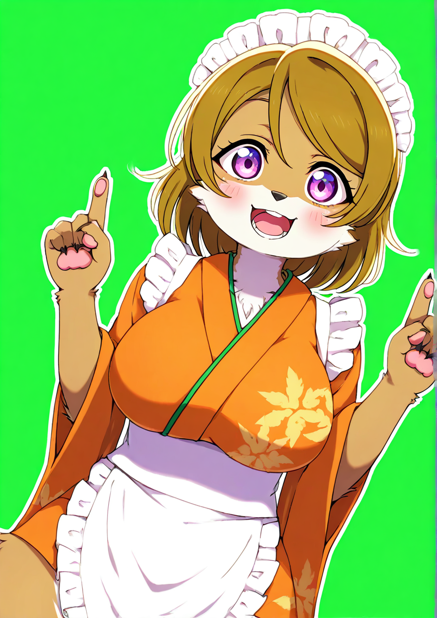 <lora:ã¤ãtsu_ji:1>,1girl, koizumi hanayo, huge breasts, wide hips, furry, furry female, love live!, love live! school idol project, apron, brown hair, dutch angle, frilled apron, frills, green background, hair between eyes, index finger raised, japanese clothes, kimono, leaf print, looking at viewer, lower teeth only, maid, maid apron, maid headdress, open mouth, orange kimono, outline, purple eyes, short hair, solo, teeth, wa maid, white outline, 
animated, dynamic angle,very awa, masterpiece, best quality, highres, absurdes,amazing quality,very aesthetic,intricate details,detailed background, <lora:hand 5.5:1>