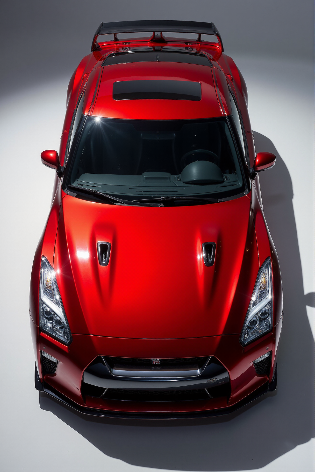 <lora:Nissan_GT-R_R35:0.7>  A slightly from above eye level of a gorgeous Nissan GT-R R35 in all its shining glory. In a style of clean look. The car has red paint job with flashy white undertone. Mirror-like, high gloss finish catches bright highlights. Vibrant color palette.