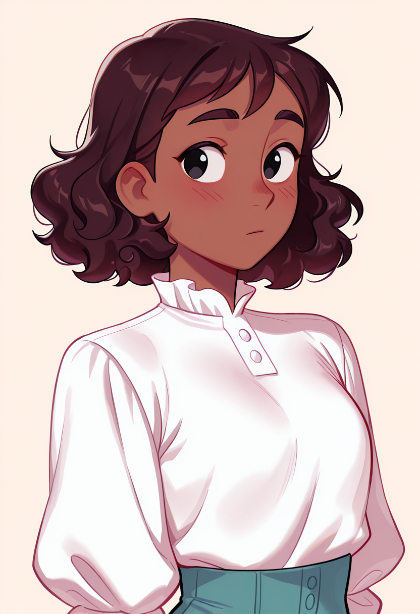 masterpiece, best quality, very aesthetic, absurdres, 1 girl, solo, Connie_Maheswaran, dark-skinned, short hair, wavy hair,  brown hair, black eyes, jean-short, white blouse, 
 <lora:Smooth_Booster_v2:0.3>, <lora:Connie_Maheswaran_SU__Illustrious:1>,  <lora:HerrscherAGGA2025_COLIG_ST-IL_V2:1>