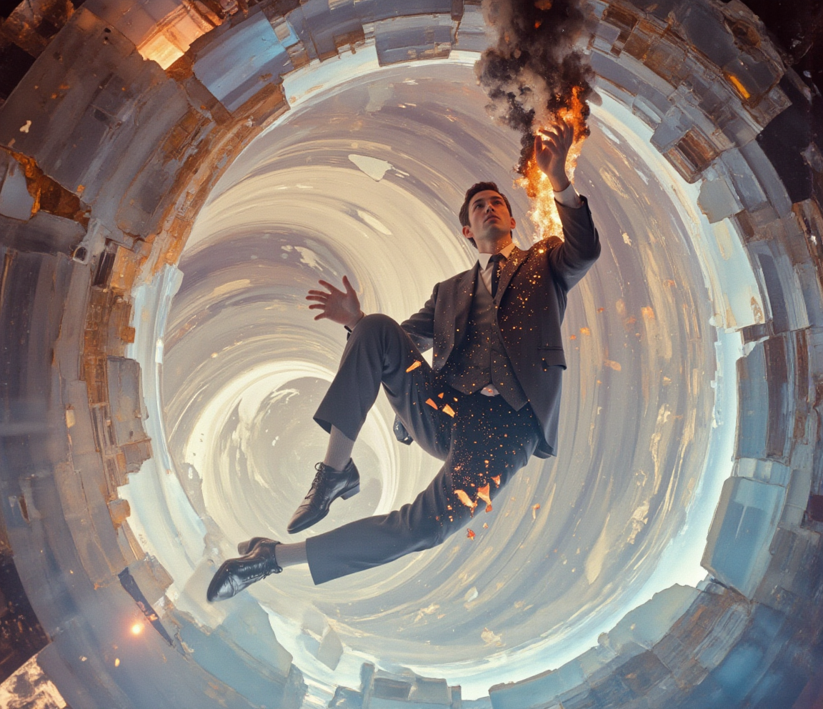 <lora:lora-DuoTone, Bleaked White_trained:1>"A man in a tailored suit leaps into a colossal crystalline structure, his body vaporizing into luminous fragments as swirling energy consumes himâsoft pastel hues and retro sci-fi glow merging the old world with the unknown."
