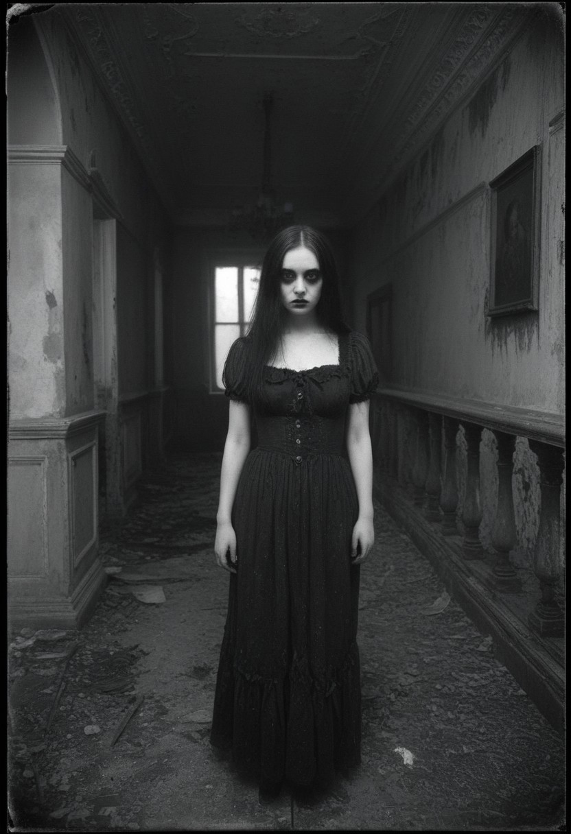 creepy, vintage, monochrome, 1girl, pale_skin, dark_eyes, tattered_dress, standing_in_abandoned_mansion, foggy, grainy, horror, gothic, old_photo, masterpiece, spooky,