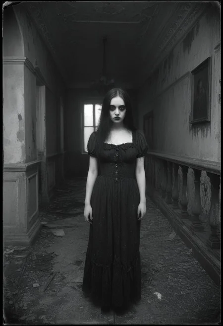 creepy, vintage, monochrome, 1girl, pale_skin, dark_eyes, tattered_dress, standing_in_abandoned_mansion, foggy, grainy, horror, gothic, old_photo, masterpiece, spooky,