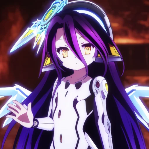 <lora:Shuvi-10:0.8>, Shuvi, 1girl, solo, long hair, looking at viewer, hair between eyes, very long hair, yellow eyes, purple hair, cowboy shot, wings, flat chest, , expressionless, multicolored eyes, mechanical wings, glowing, headgear, perfect hands