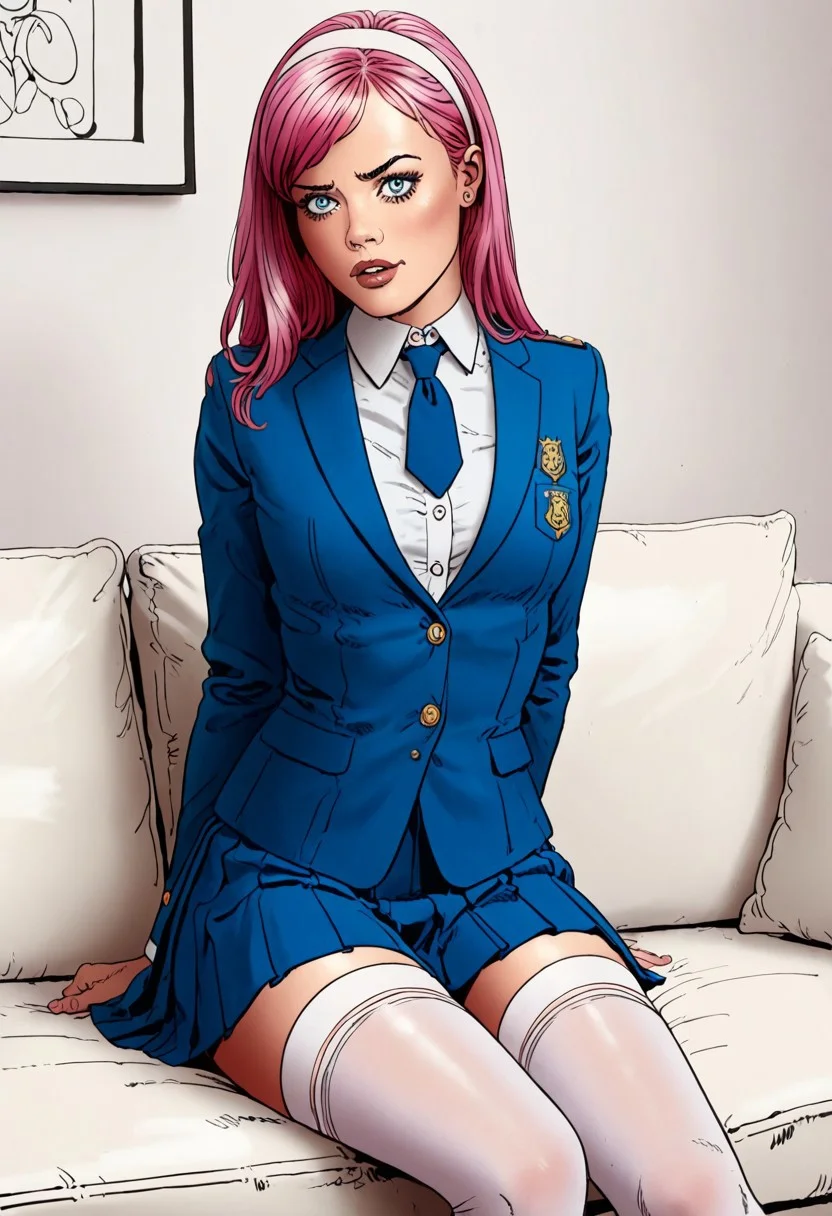 score_9, score_8_up, score_7_up, score_6_up, adult beautiful woman,   (chiaroscuro lighting)  source_cartoon,   f3rn4nd0, (line art)
1girl, 
(FerS@ndy)
pink hair
medium breasts
sitting on couch, 
flirty, blushing, 
school uniform, blue jacket, blue skirt, thighhighs, 
hairband