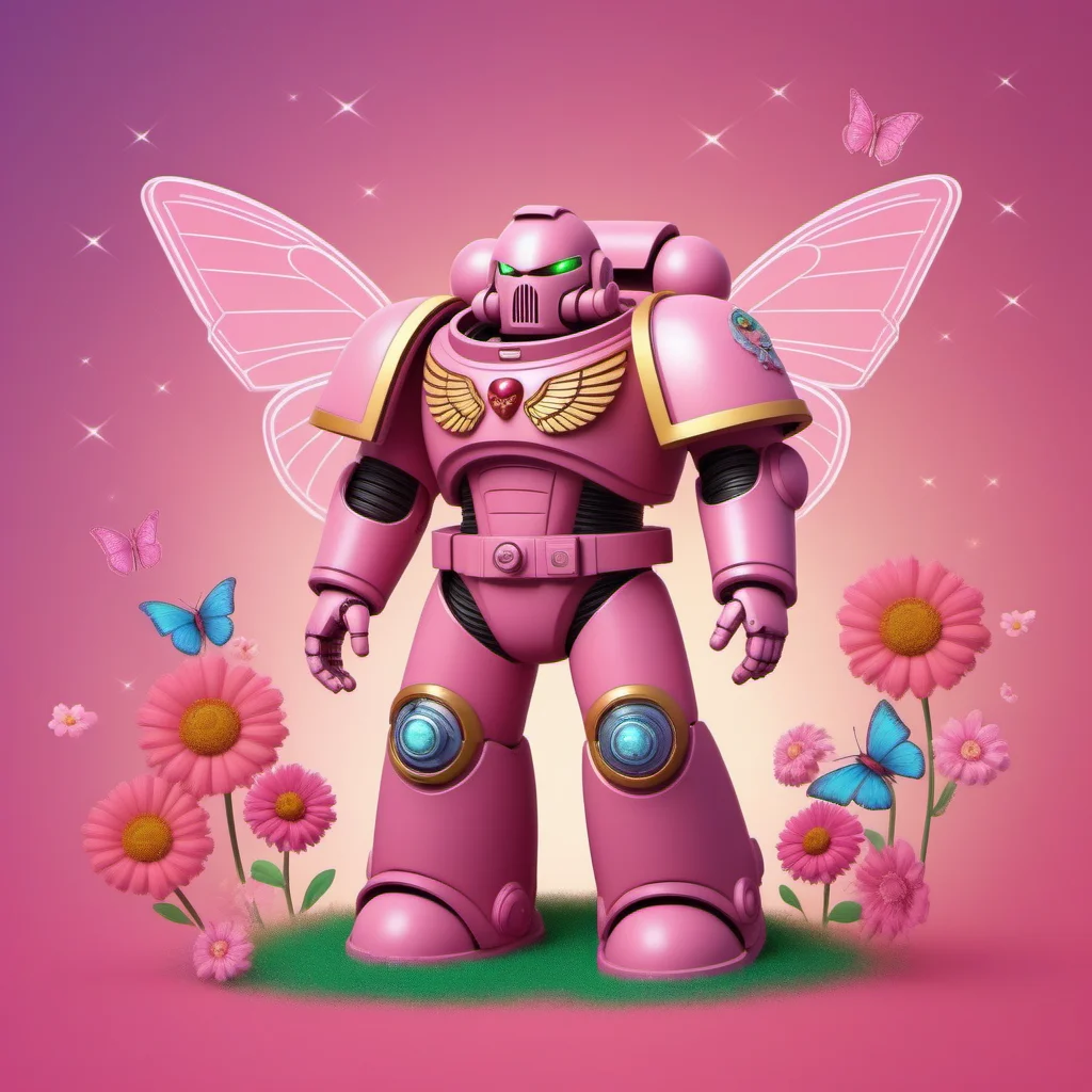 a pink spacemarine robot, cute fantasy background, rainbow, butterfly, flowers, spread love <lora:SpaceMarine1024:0.3>