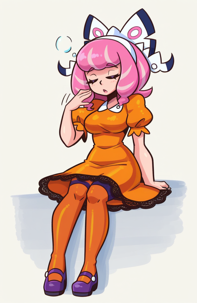 1girl, solo,
klara \(pokemon\), pink hair, hair ribbon,, orange dress, lace-trimmed dress, micro, short puffy sleeves, orange thighband pantyhose, purple mary janes, sitting, face relaxed, tired gaze, subtle yawn, sleepy,
<lora:shadowhawx95:1> shadhawx,, extremely detailed, highres, masterpiece, best quality