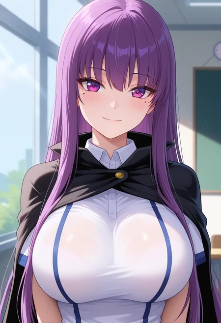 masterpiece, best quality, amazing quality, 1girl, solo, (portrait:1.2), fujikoww, purple eyes, purple hair, long hair, very long hair, mole under eye, large breasts, school uniform, black cape, white school shirt, short sleeves, looking at viewer, smile, indoors, day, skindentation, detailed clothing folds, depth of field, sharp, high contrast, dynamic light <lora:Etou_Fujiko_Ichiban_Ushiro_no_Daimaou_ill_v11:0.9>