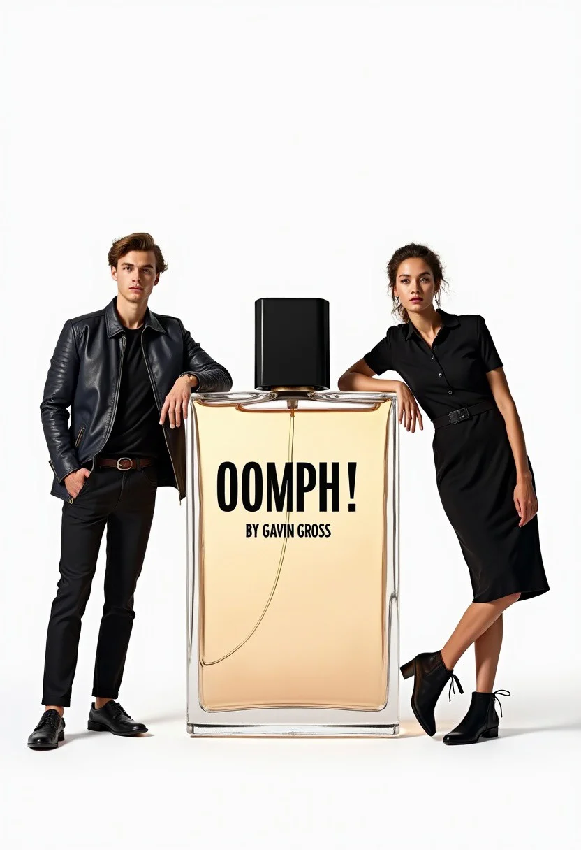 photo for a full page advertisement in a fashion magazine. The photo shows a giant perfume bottle at the center, with a young woman leaning to it from the right and a young man leaning to it from the left. The bottle is labeled "OOMPH! By Gavin Gross". The man and the woman are models wearing expensive fashionable clothes and look at the viewer with expressionless faces. The background is plain white. The overall impression is that of a glossy professional product