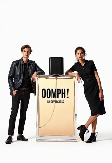 photo for a full page advertisement in a fashion magazine. The photo shows a giant perfume bottle at the center, with a young woman leaning to it from the right and a young man leaning to it from the left. The bottle is labeled "OOMPH! By Gavin Gross". The man and the woman are models wearing expensive fashionable clothes and look at the viewer with expressionless faces. The background is plain white. The overall impression is that of a glossy professional product