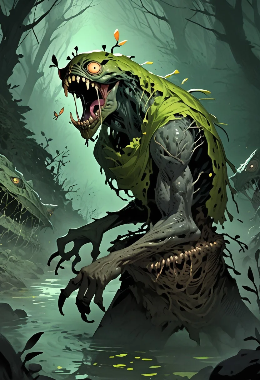 (score_9_up, score_8_up), score_7_up, a huge hairy swamp beast with six legs, stampeding through a foggy swamp filled with fireflies, 6 legged mammal, bold color, horror, rampaging animal, action shot, detailed background, fantasy realm, angled sideview, Expressiveh h4d3s