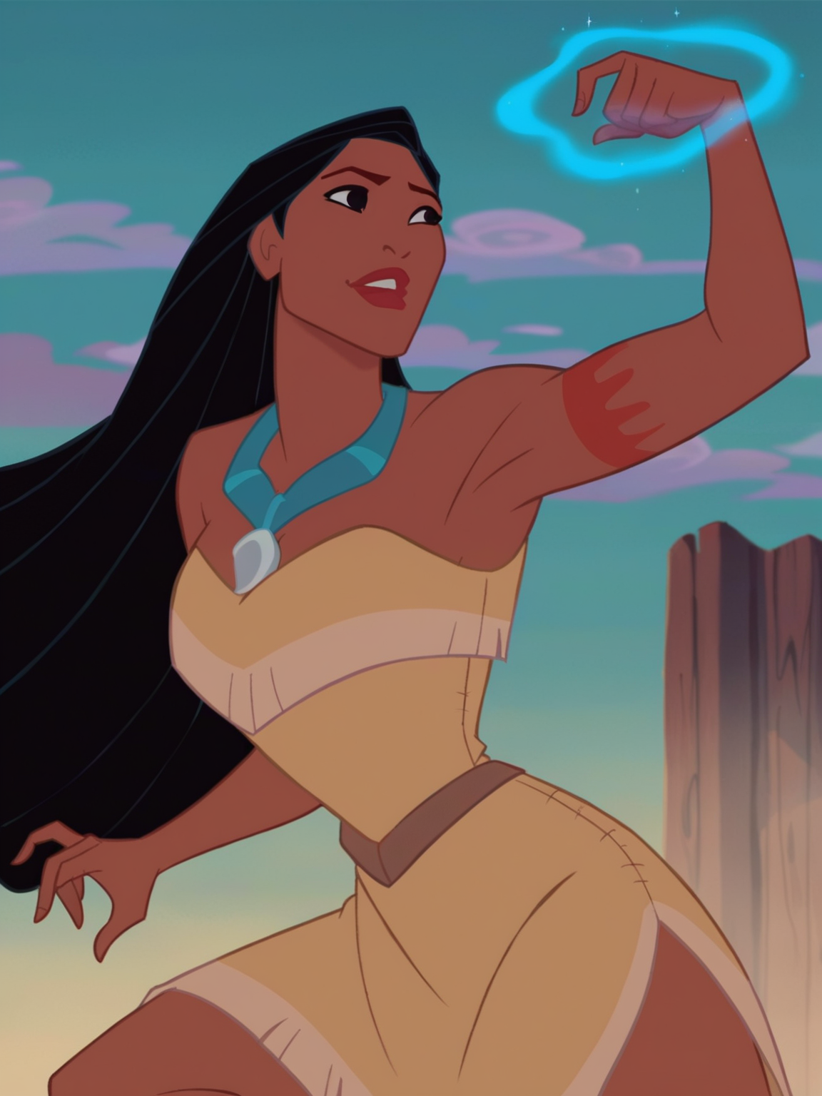 <lora:Poc:0.7> po_s, 1girl, native american woman, dark skin, red lips, long raven-black hair, black eyes, red tattoo on arm, turquoise necklace,
mage, magic, epic pose, magic robe,, score_9, score_8_up, score_7_up,