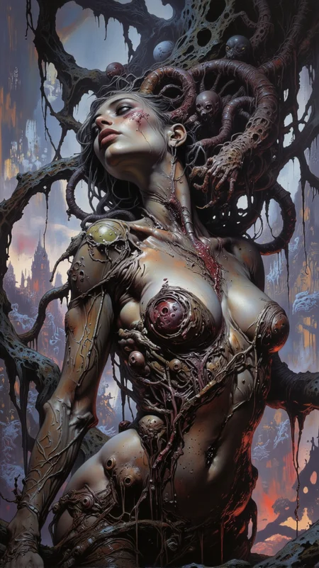 A hyper-detailed, half-body portrait of a beautiful young woman with flawless, pale skin, but her body is being grotesquely parasitized by numerous organic creatures. Slimy, translucent tendrils and pulsating alien growths cling to her neck, arms, and torso, their texture wet and glistening under the soft light. Her expression is a mix of sorrow and defiance, as though fighting against the parasitic invasion. Some of the creatures have embedded themselves into her skin, with sharp, bio-mechanical tendrils spreading through her veins, glowing faintly in sickly green and purple hues. The background is an abstract, shifting mass of colors and forms, representing the merging of her mind with the parasitic creatures. <lora:dark_fantasy_flux:0.7> <lora:detailed:0.8> <lora:sxz-Dark-Fantasy-v2-Flux:0.7> <lora:FluxMythP0rtr4itStyle:0.5> <lora:Dieselcore:0.6> <lora:frazetta_flux_v2:0.6>