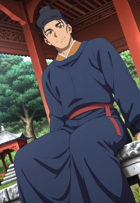 anime coloring, masterpiece, best quality, amazing quality, 1boy, solo, bara, male focus, basen, chinese clothes, black headwear, smile, looking at viewer, sitting, stone table, inside gazebo, garden, tree, east asian architecture, grass, close up, dutch angle, from below