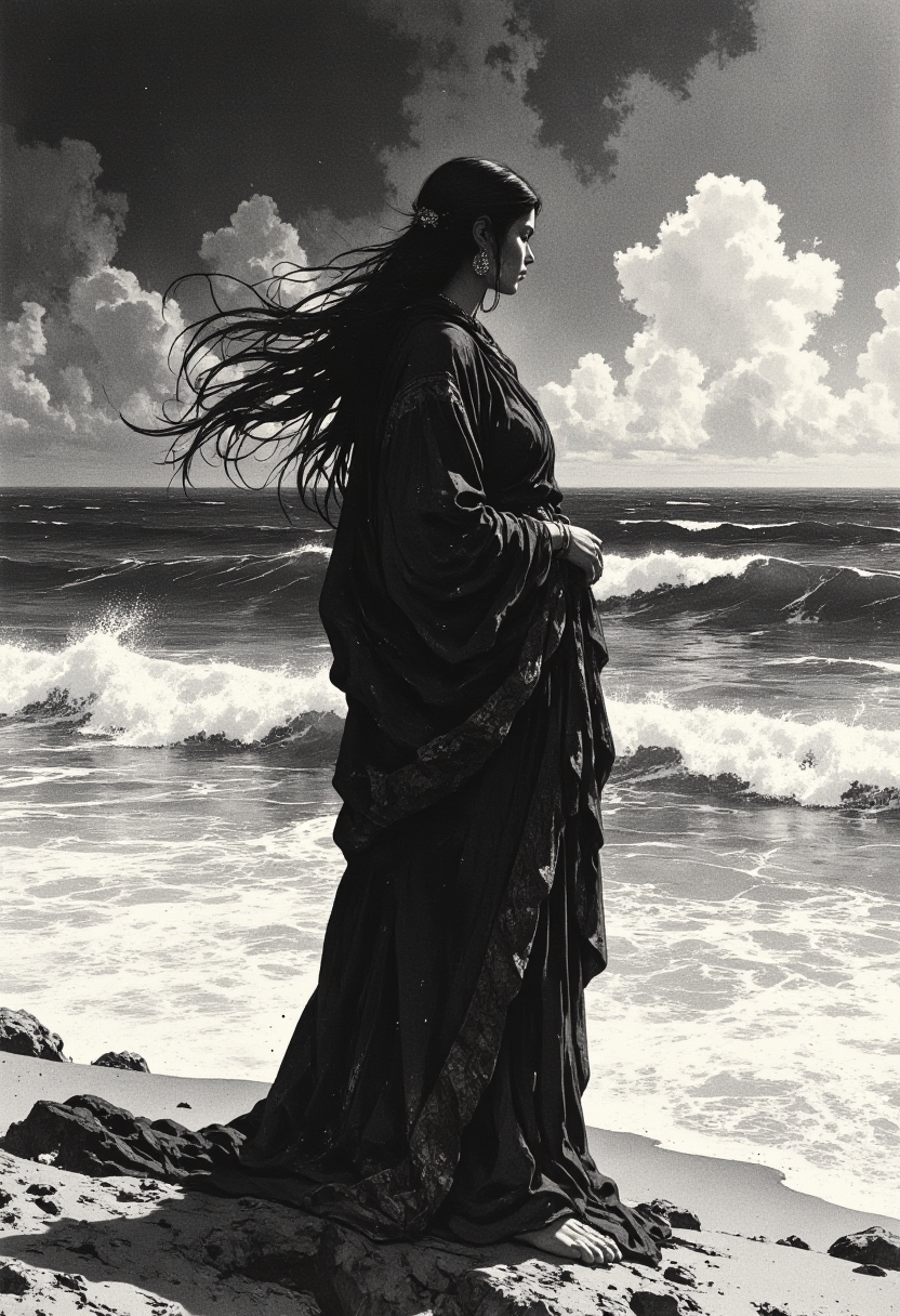 character art by Modern Disney, Atey Ghailan and Classic Disney, Animation, In a surreal and mesmerizing scene, an ancient Indian woman dressed in traditional yet elegant attire stands alone on the desolate beach. Her long, flowing hair flows gracefully in the wind, contrasting against the grayscale tones. ,  sophisticated style,  imaginative and whimsical compositions, Elizabethan portraiture, Academic painting, Afrofuturism,  drip painting, art deco,  quiet introspection,  ethereal atmospheres,  black and white contrasts,  sensitive portrayals,  dramatic, radiant, elegant, excellent composition, dynamic dramatic beautiful full taking, glowing, vivid colors, <lora:models\Flux\FluxMythP0rtr4itStyle:0.48> mythp0rt, <lora:models\Flux\CPA:0.35>, <lora:models\Flux\Mezzotint_Artstyle_for_Flux_-_by_Ethanar:0.55>, <lora:models\Flux\RetroAnimeFluxV1:0.55>, <lora:models\Flux\Ink_Marbling_Portraits:0.45>,,