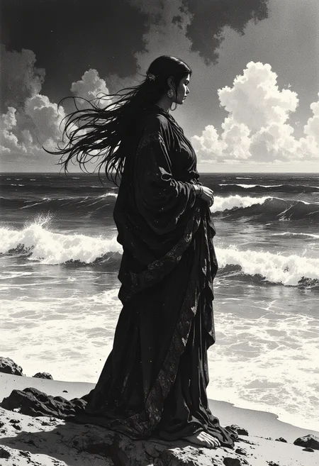 character art by Modern Disney, Atey Ghailan and Classic Disney, Animation, In a surreal and mesmerizing scene, an ancient Indian woman dressed in traditional yet elegant attire stands alone on the desolate beach. Her long, flowing hair flows gracefully in the wind, contrasting against the grayscale tones. ,  sophisticated style,  imaginative and whimsical compositions, Elizabethan portraiture, Academic painting, Afrofuturism,  drip painting, art deco,  quiet introspection,  ethereal atmospheres,  black and white contrasts,  sensitive portrayals,  dramatic, radiant, elegant, excellent composition, dynamic dramatic beautiful full taking, glowing, vivid colors, <lora:models\Flux\FluxMythP0rtr4itStyle:0.48> mythp0rt, <lora:models\Flux\CPA:0.35>, <lora:models\Flux\Mezzotint_Artstyle_for_Flux_-_by_Ethanar:0.55>, <lora:models\Flux\RetroAnimeFluxV1:0.55>, <lora:models\Flux\Ink_Marbling_Portraits:0.45>,,