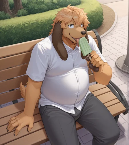 solo, anthro, furry, looking at viewer, male, slightly chubby, sitting, sitting, park, park bench, licking, popsicle, happy, white shirt, collared shirt, pants, 
BREAK masterpiece, best quality, amazing quality, very aesthetic, high resolution, ultra-detailed, absurd res, newest,  scenery,  <lora:Smell:1>, noi