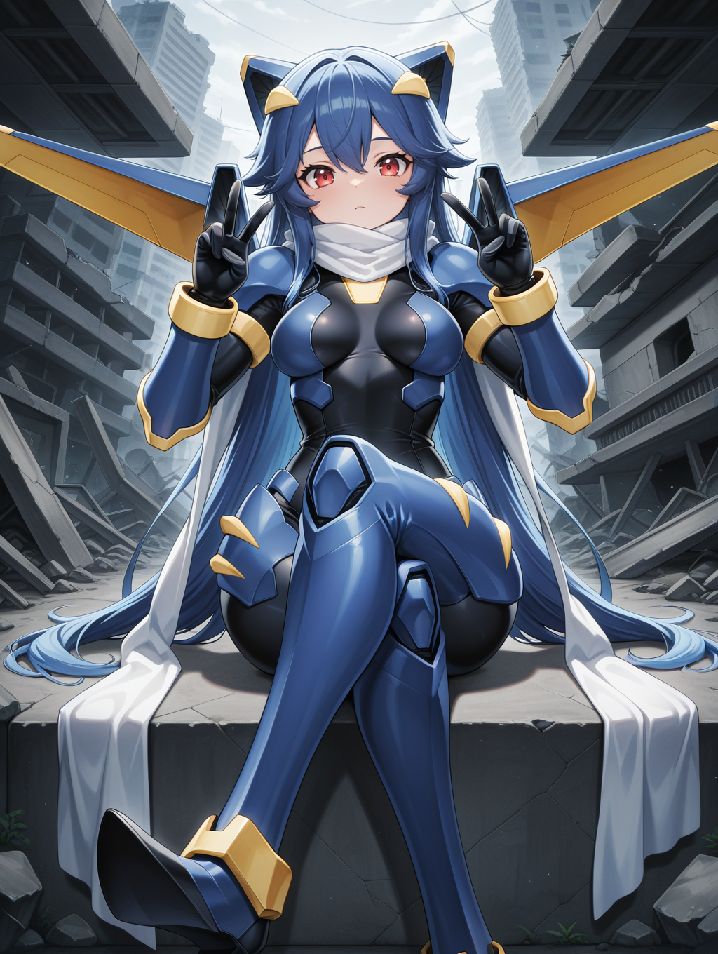 junk warrior,1girl,solo,red eyes,blue hair,looking at viewer,crossed legs,medium breasts,science fiction,white scarf,personification,genderswap \(mtf\),mecha musume,blue armor,blue armored gloves,blue armored thigh boots,mechanical wings,brass knuckles,black bodysuit, sitting, ruins, double v, very long hair, 
masterpiece,best quality,amazing quality,very aesthetic,absurdres,newest,<lora:Junk Warrior illuXL v1:0.82>,