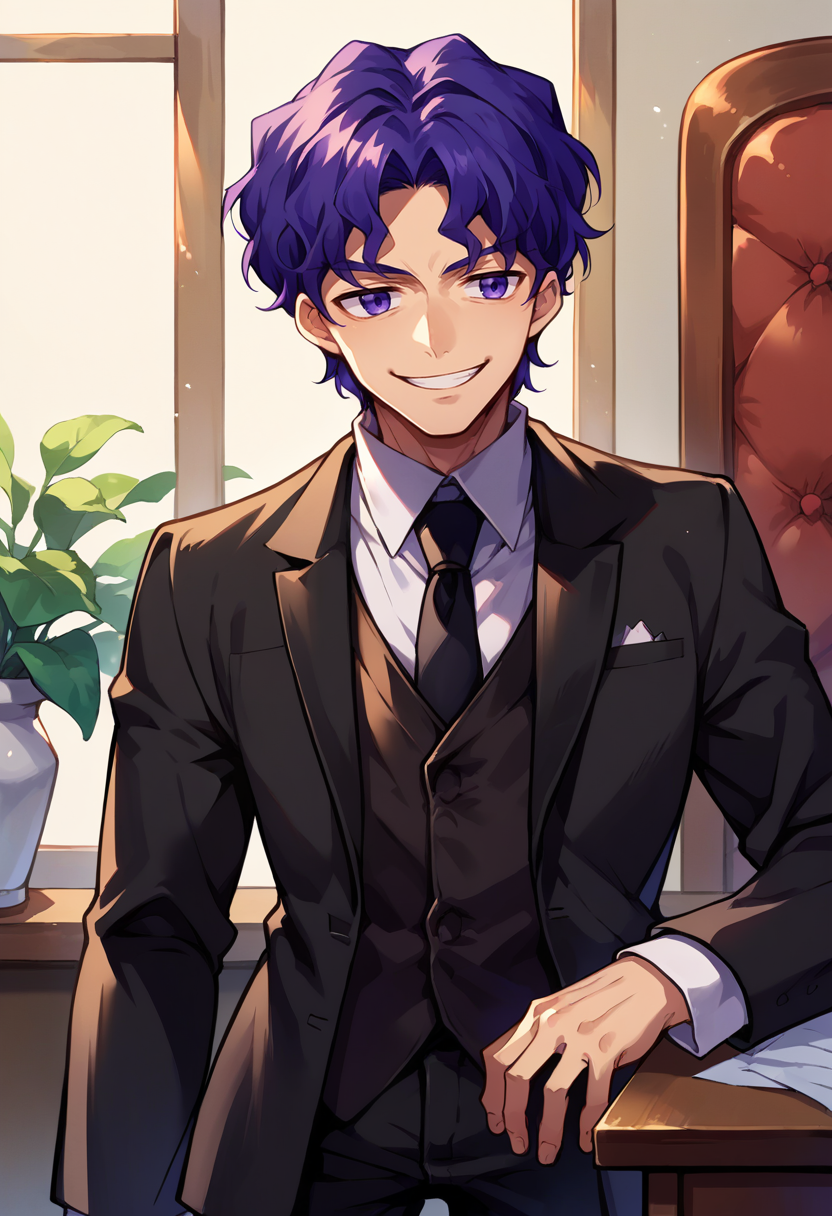 score_9, score_8_up, source_anime, 1boy, solo, ShinjiMatou, purple eyes, purple hair, wavy hair, short hair, parted bangs, formal, black suit, white shirt, black necktie, black pants, smile, office, <lora:ChamMatouShinjiPonyXL:1>