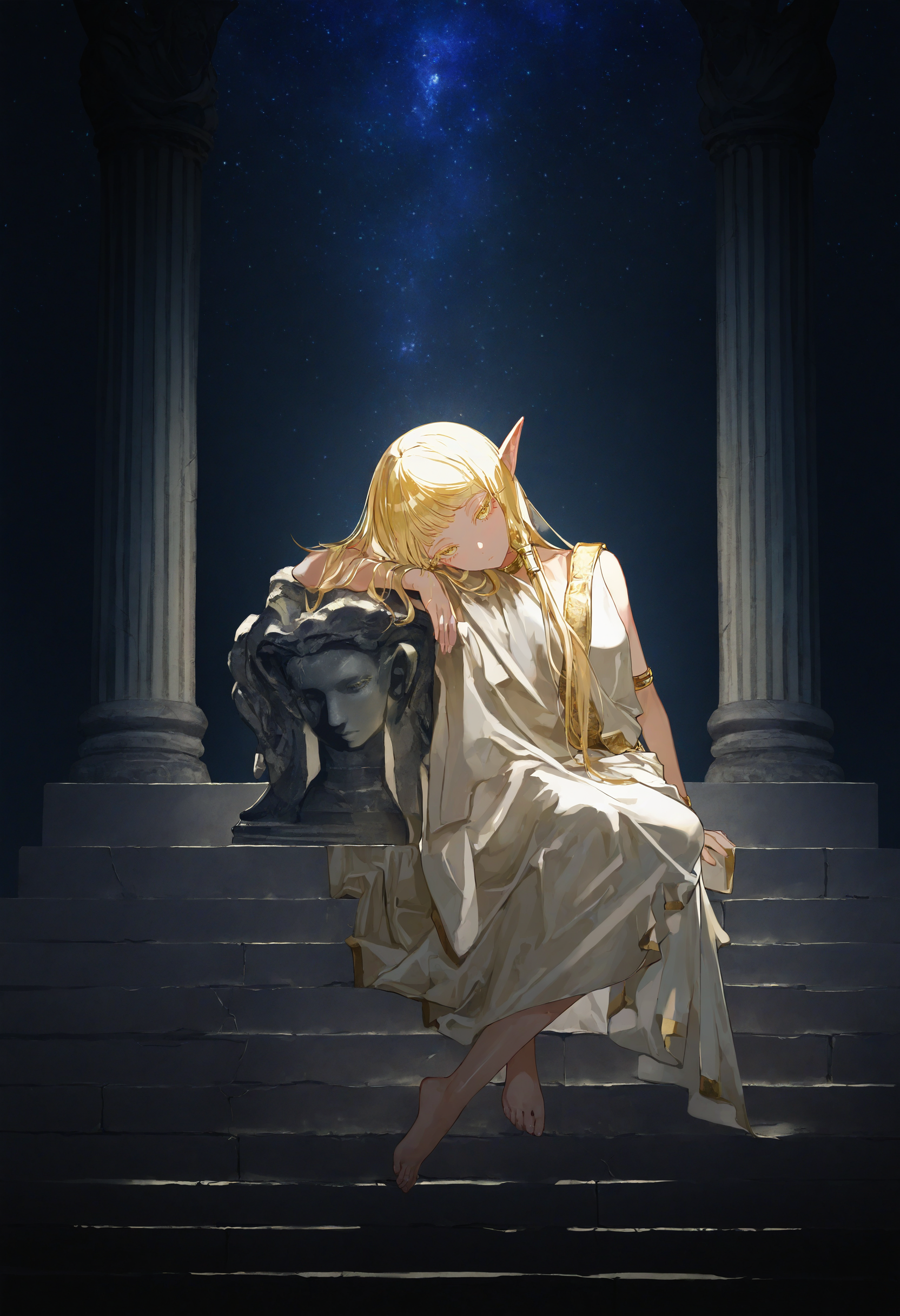 artist:[diyokama|say hana|yoneyama mai|lam \(ramdayo\)],
1girl, solo, pointy ears, blonde hair, hair tubes, marble \(stone\), toga, long hair, greco-roman clothes, ancient greek clothes, gold choker, single bare shoulder, statue, kintsugi, gold trim, 
pillar, stairs, greco-roman architecture, night sky, starry sky, sitting, foot dangle, barefoot, leaning to the side, armrest, leaning on object,
looking at viewer, long eyelashes, colored eyelashes, (half-closed eyes:0.7),
dark, backlighting, impasto, 
masterpiece, best quality, very awa, absurdres
<lora:noobai_vpred_1_ ancient_greek_clothes_v1:1>