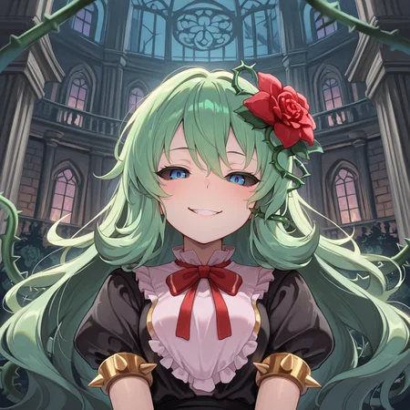 <lora:ChamIllustriousBackgroundEnhancer:0.5> <lora:illustrious_quality_modifiers_masterpieces_v1:0.8> ,  masterpiece, very aesthetic, absurdres, best quality, amazing quality, high resolution, newest, very awa, scenery, volumetric lighting, solo,  looking at viewer,  <lora:ToraIllustrious:0.8> , tordef, 1girl, solo, long hair, green hair, black sclera, blue eyes, hair flower, neck ribbon, bib collar,  black dress, frilled dress, gold trim, juliet sleeves, yellow armlet, spiked armlet, thorns, ((upper body)), exterior, mansion, evil grin,