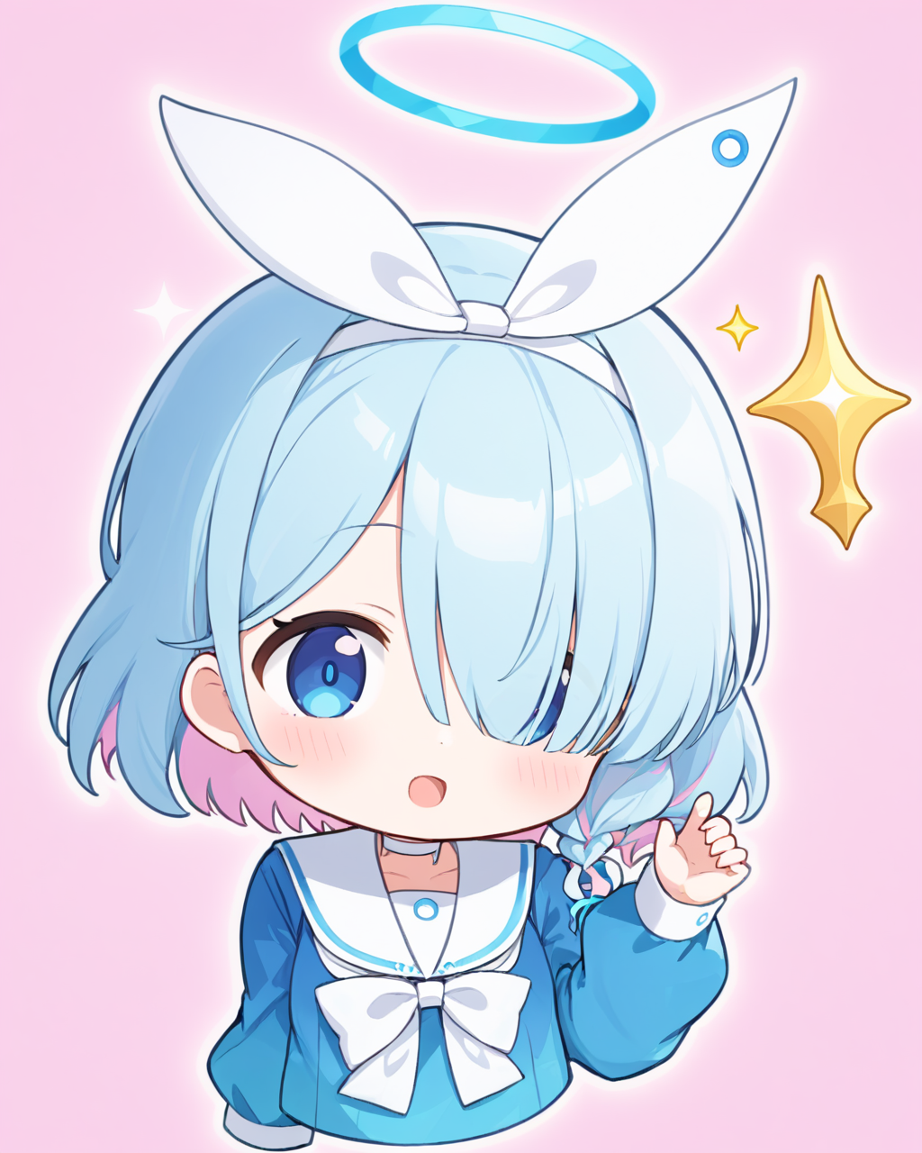 arona \(blue archive\),1girl, solo, hair_over_one_eye, white_sailor_collar, looking_at_viewer, puffy_long_sleeves, white_hairband, halo, upper_body, :d, open_mouth, blue_shirt, blush, serafuku, white_choker, single_braid, chibi, white_bowtie, hair_ribbon
<lora:arona_(blue_archive)_image5127_2023-12-02-000009:1>halo. gorgeous,key visual, vibrant, studio anime,award-winning, professional, highly detailed,high budget, cinemascope