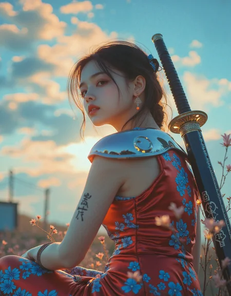 hyper-realisitic, hyper-detailed, detailed foreground, RAW photo, detailed clothing, detailed lighting, Low-angle perspective, her metallic right knee slightly raised, arms resting against it, shoulders squared confidently, neck elongated with chin tilted downward in regal poise, expression neutral yet piercing. Set beneath a sky swirling with luminous nacreous clouds and scattered solar pulses, her synthetic armor reflects fractured sunlight like liquid steel. The backdrop is impossibly alive — sky and machine bleed into each other. Her crimson cheongsam hugs her synthetic frame, patterned in royal blue chrysanthemums, which shimmer subtly with each shift of light. The sleeveless cut reveals full cyborg arms: one sleek and polished, the other layered with tattoo-like circuit glyphs glowing faintly. On her back, a katana with blackened edge and etched runes rises like a totem, locked into a reinforced spine port. Thin fiber wires lead from her shoulder to a distant power pole, barely visible above. Her glowing earrings sway faintly in a wind you can’t feel, casting tiny flares of red across her collarbone. Lighting: Dramatic vertical sunlight with iridescent color bounces from the sky, highlighting chromatic steel and cheekbones. Environment: Heaven-machine hybrid vista, a dreamlike atmosphere fused with electric cables overhead, power boxes quietly humming. Mood: Stilled voltage, a goddess of the artificial heavens resting before ignition. <lora:MoriiMee_Gothic_Niji_Style_FLUX:0.3500000000000001> <lora:AsirAsianPhotographyflux:0.7000000000000002>