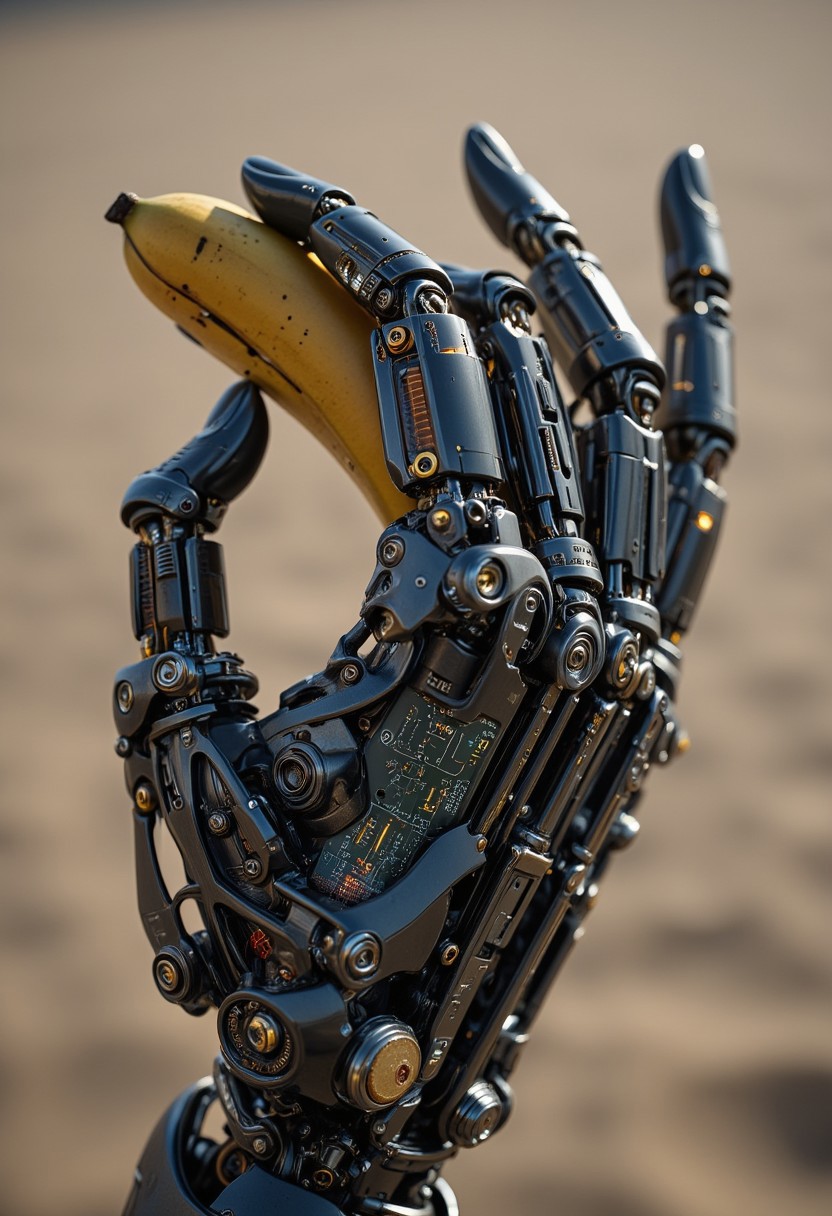 ajchrobo, A close-up shot of an ultra-detailed robotic hand, crafted from highly reflective black metal, adorned with intricate engravings and glowing circuit patterns. The hand holds a banana delicately, showcasing an exquisite metallic finish. The polished surface gleams with every tiny detail of the delicate mechanisms – gears, pistons, and articulated joints – all highlighted by a faint volumetric backlight. The background is a desolate desert, where a thick sandstorm rages, shrouding the scene in dense atmospheric haze and fog, amplifying the high-tech beauty of the hand amidst the chaos.