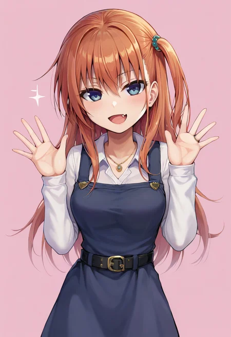 score_9, score_7_up,  1girl, 
sweater, red sweater, looking at viewer, sleeveless dress, necklace, open mouth, sleeveless, smile, solo, hands up, two-tone background, belt, long sleeves, blush, dress, shirt, :d, red hair, fang, cowboy shot, one side up, pinafore dress, jewelry, standing, hair ornament, hair between eyes, long hair, breasts, orange hair, pink background, white shirt, purple dress, gem, w arms
 <lora:40010prototype-Style-PonyXL-DoRA-000041:1>