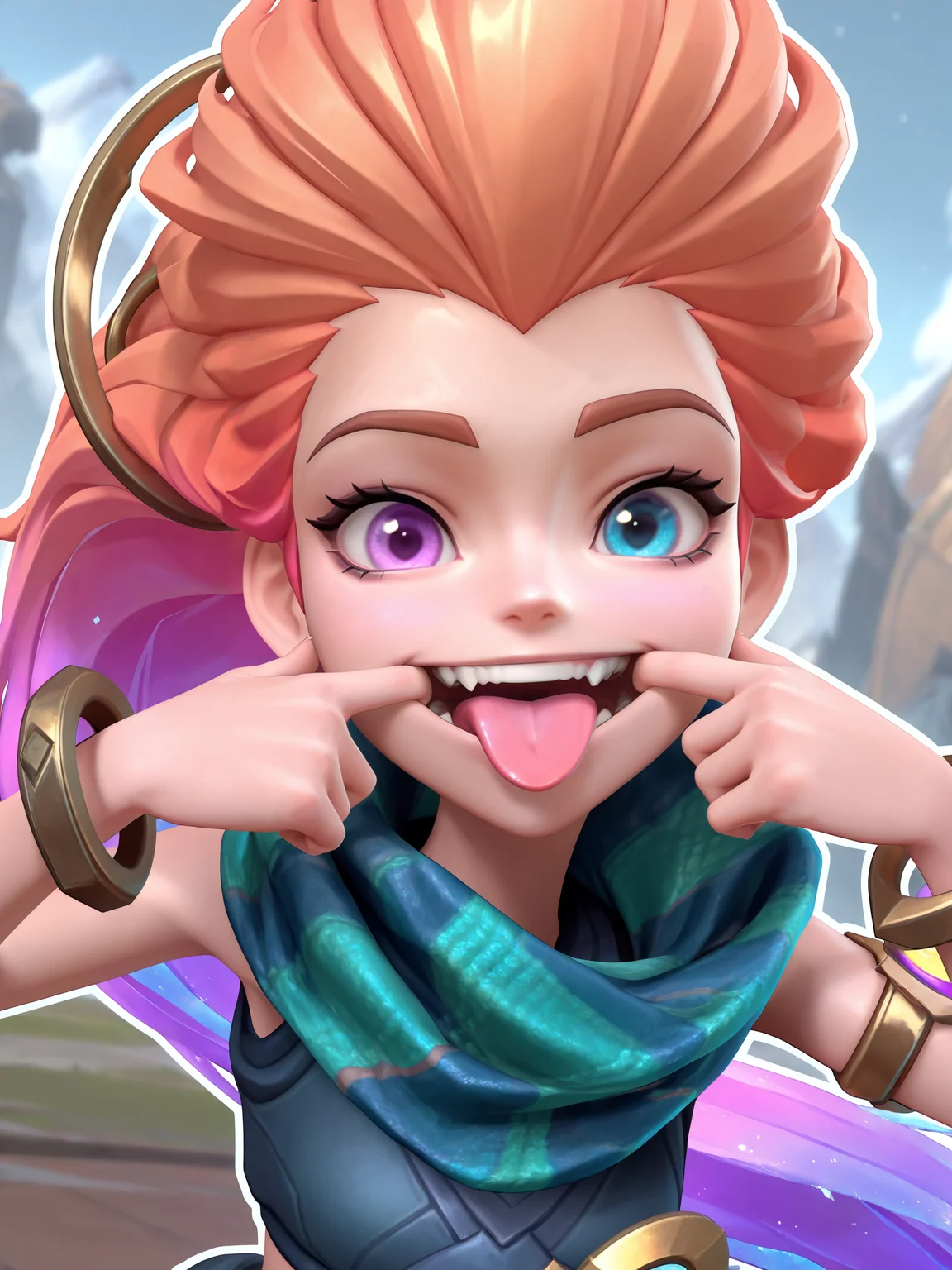 <lora:OMS_WR_Zoe-15:1> 3d, render, league of legends, 1girl, omszoe, long hair, Heterochromia, purple eye, blue eye, necklace,crop top, scarf, armlet, bracelets,
looking at viewer, laughing,
amazing quality,very aesthetic,absurdres,newest, BREAK depth of field, blurry background, dutch angle, dynamic angle, white outline,
outdoors, dynamic pose, upper body, tongue out, mouth pull