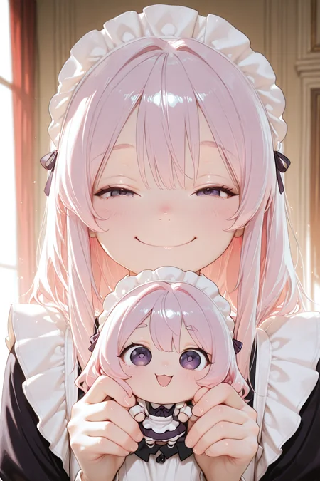 embedding:lazypos,

2girls, CivChan, purple eyes, you can just give this kind of thing to men and they will be thrilled (meme), happy, holding chibi CivChan