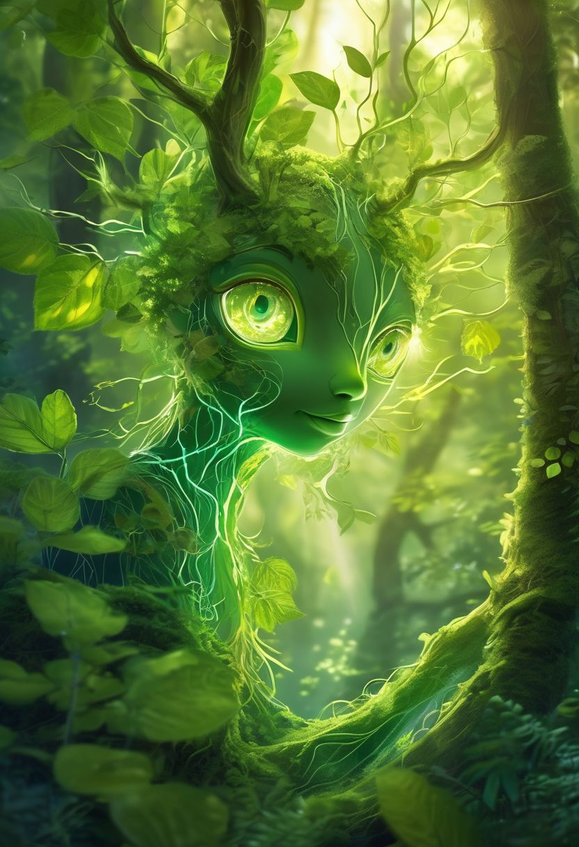 macro shot of a glowing forest cute spirit, leafy appendages outlined with veins of light, eyes a deep, enigmatic glow amidst the foliage, close up, hi detailed , translucency, semitransparency