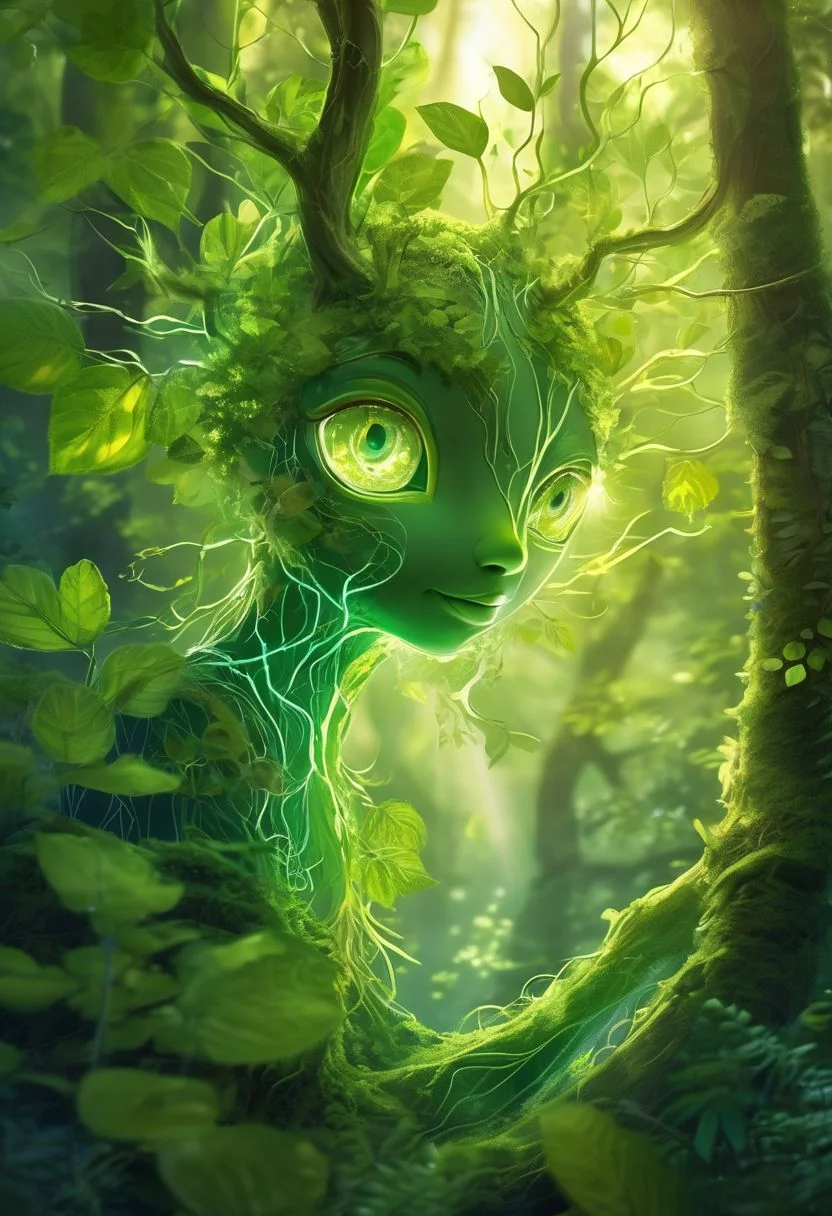 macro shot of a glowing forest cute spirit, leafy appendages outlined with veins of light, eyes a deep, enigmatic glow amidst the foliage, close up, hi detailed , translucency, semitransparency