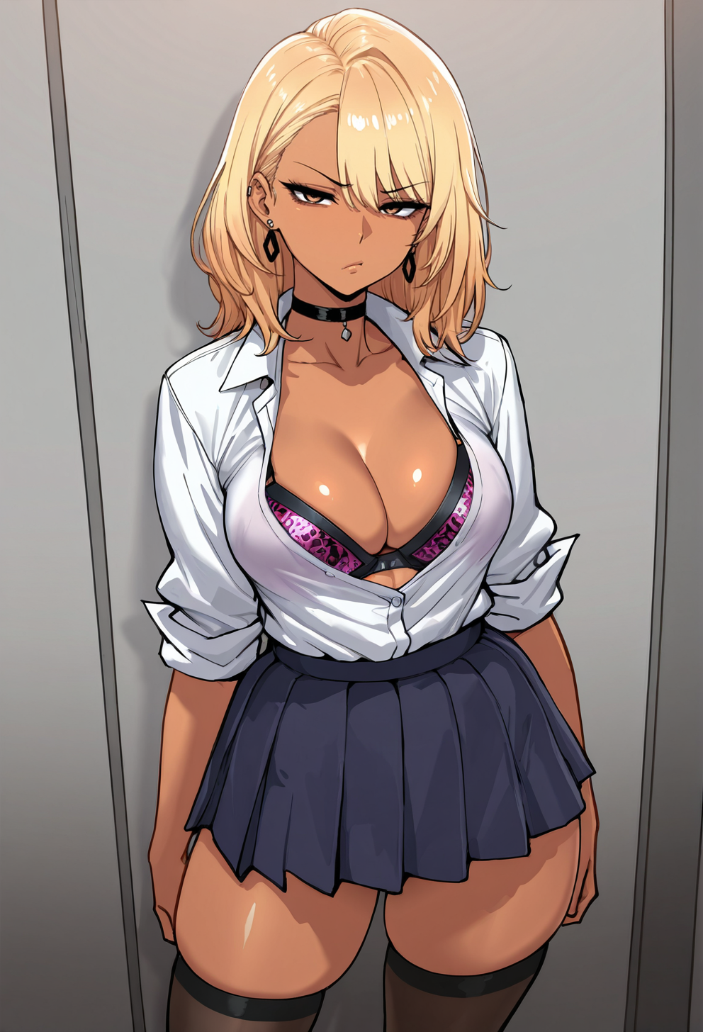 masterpiece, best quality, cowboy shot,
 <lora:Kisuu_Odd_este_es:1> k1500,  1girl, solo,standing, looking at viewer, disdain,blonde hair, medium hair, gyaru, medium breasts,school uniform, skindentation, cleavage, skirt, thighhighs, choker, earrings, sleeves rolled up, underwear, bra,