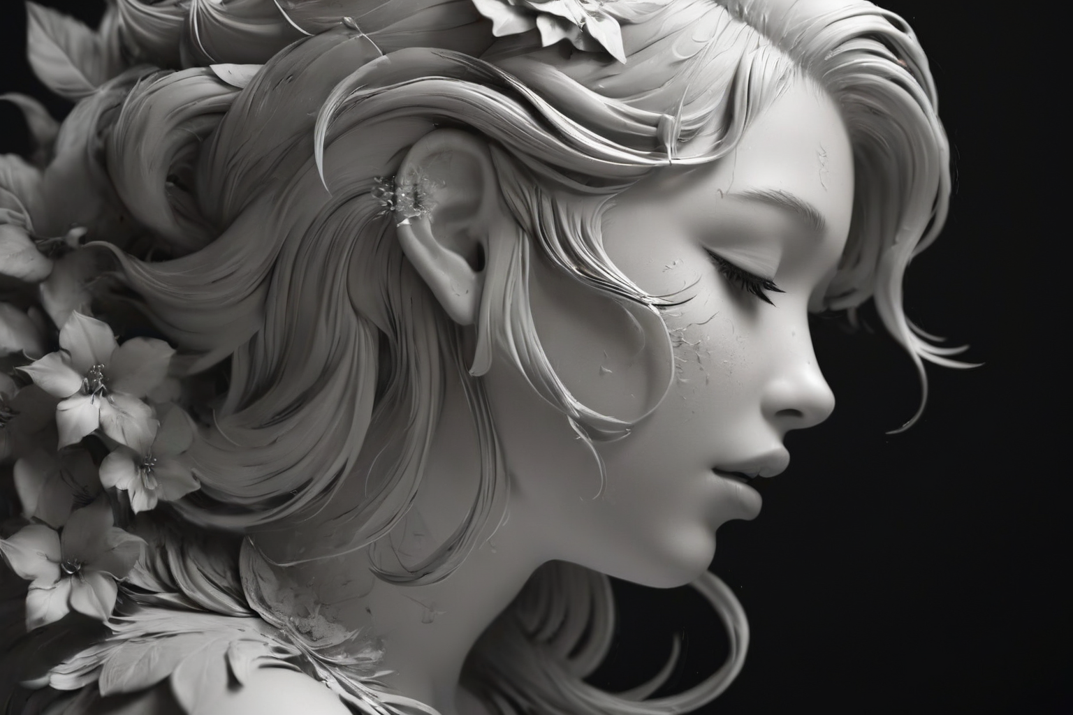 <lora:3DPrintingXL:1>,
masterpiece,(best quality),
official art,extremely detailed cg 8k wallpaper,
((crystalstexture skin)),(extremely delicate and beautiful),highly detailed,
WhiteMold,art style,3d printed mold,1girl,solo,monochrome,greyscale,realistic,profile,closed eyes,black background,simple background,lips,hair ornament,flower,