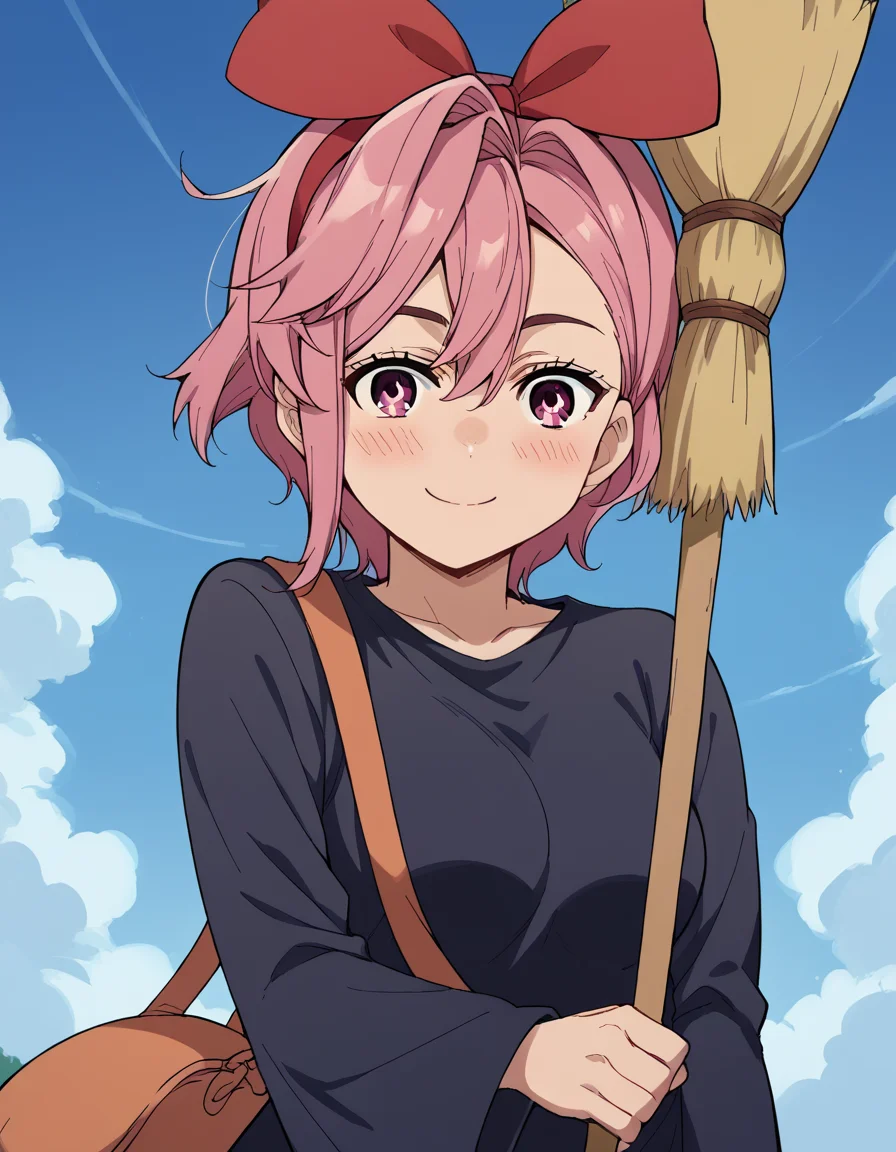 score_9, score_8_up, score_7_up, source_anime, <lora:aira-shiratori-alpha-ponyxl-lora-nochekaiser:1>, aira shiratori, short hair, bangs, hair between eyes, pink hair, pink eyes, medium breasts, <lora:witch-kiki-cosplay-ponyxl-lora-nochekaiser:1>, witch kiki cosplay, kiki (majo no takkyuubin) (cosplay), bag, black dress, bow, bow hairband, cosplay dress, hairband, long dress, red bow, red hairband, shoulder bag, sleeves past elbows,, blue sky, broom, broom riding, smile, blush,, cowboy shot, looking at viewer,, , dutch angle, cowboy shot