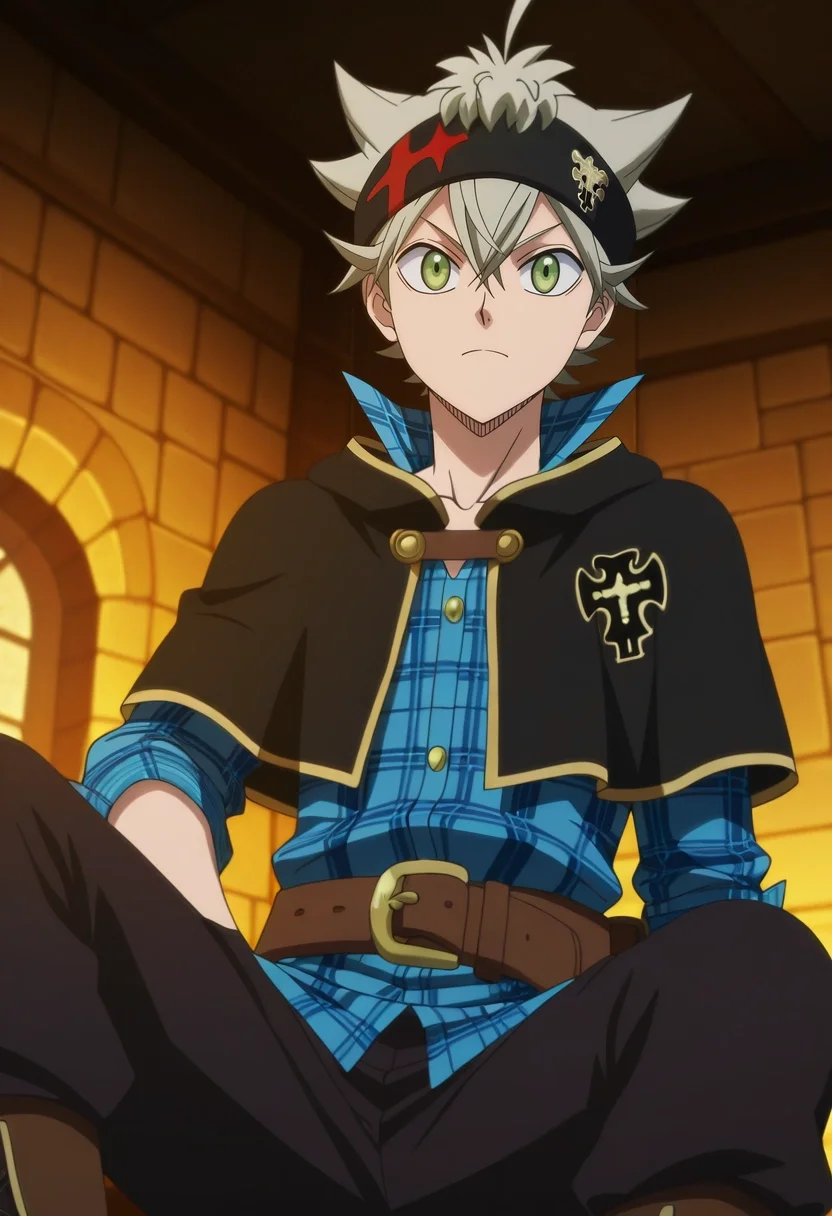 masterpiece, best quality, , anime screencap, anime coloring, official style, , 1boy, solo, male focus, <lora:asta_black_clover_ilxl:0.98>, asta_black_clover, grey hair, green eyes, short hair, spiked hair, black headband, black capelet, , , Wool Work pants, Poplin Plaid shirt, , ,
