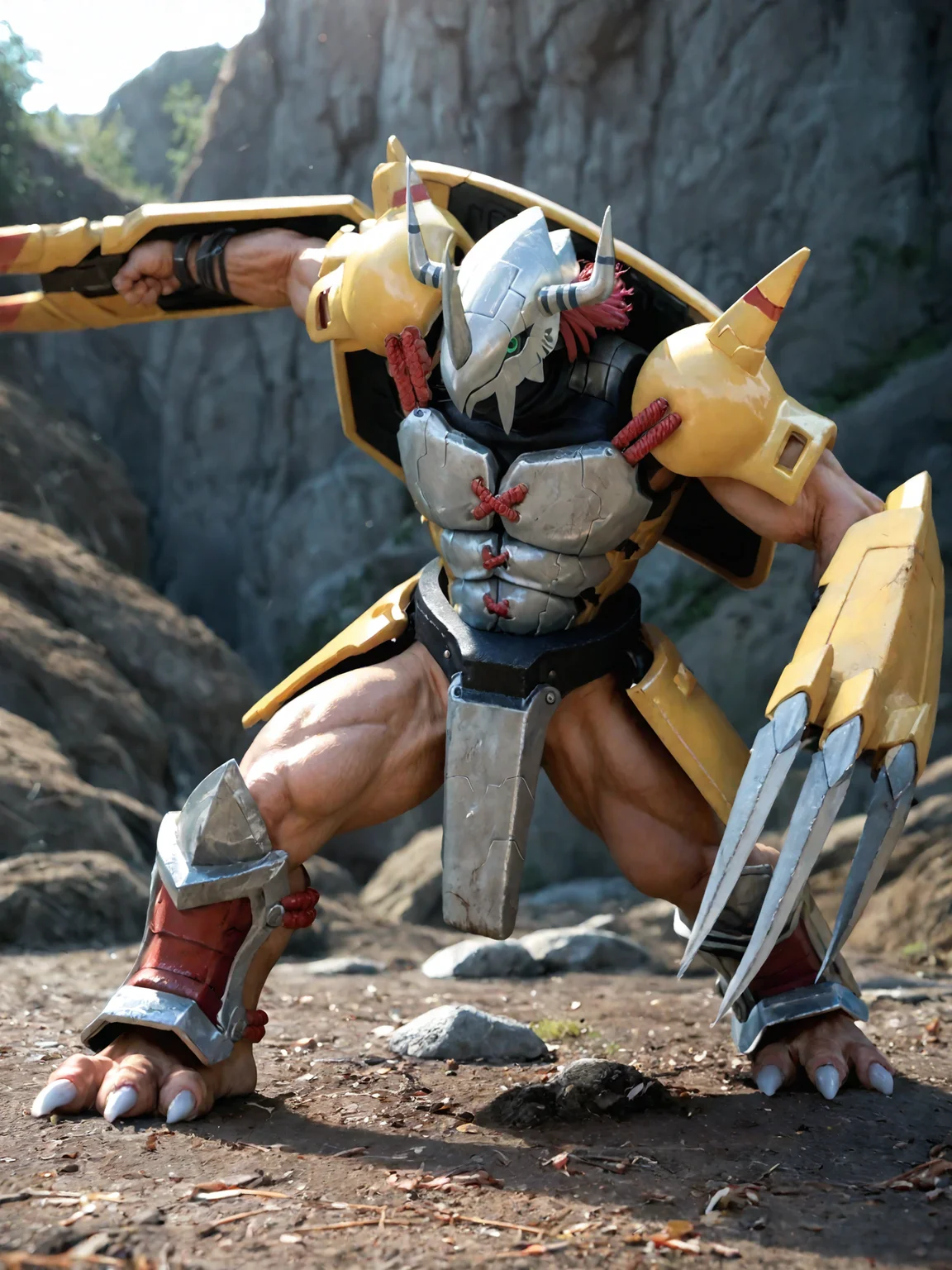 Wargreymon, digimon, scalie, Digimon (creature), muscular, green eyes, helmet, armor, barazoku, heavy breathing, fighting stance, outdoor, detailed background, weapon, claws, melee weapon, realistic, photo, photorealism, source_real, cinematic, hyperrealism, photorealistic cgi, photography, <lora:wargreymon_pdxl_v1:1>
BREAK score_9_up,score_8_up,score_7_up,score_6_up,score_5_up,score_4_up,