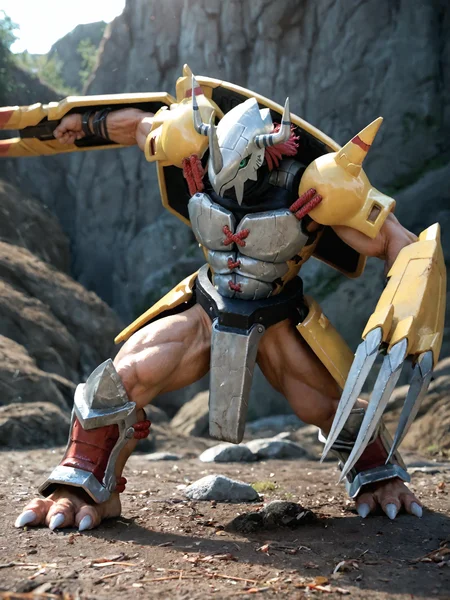 Wargreymon, digimon, scalie, Digimon (creature), muscular, green eyes, helmet, armor, barazoku, heavy breathing, fighting stance, outdoor, detailed background, weapon, claws, melee weapon, realistic, photo, photorealism, source_real, cinematic, hyperrealism, photorealistic cgi, photography, <lora:wargreymon_pdxl_v1:1>
BREAK score_9_up,score_8_up,score_7_up,score_6_up,score_5_up,score_4_up,