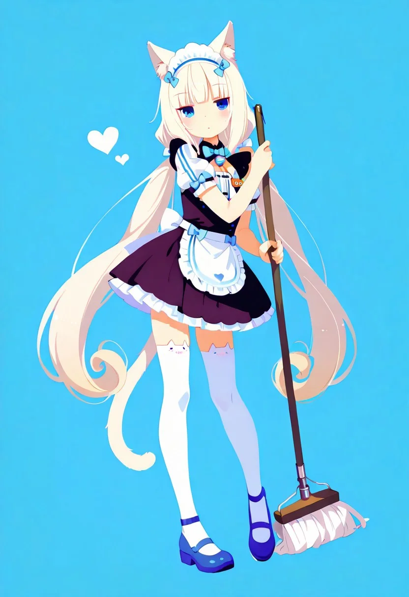 masterpiece,best quality,amazing quality, solo, Vanilla_(nekopara),Nekopara_Vanilla, maid, long hair, cat ears, blue eyes, waist apron, short sleeves, very long hair, jingle bell, puffy short sleeves, twintails, bell, blue footwear, name tag, cat ear legwear, cute pose, holding mop,simple background, blue background,love symbol,haiz_ai, no lineart,no outline, <lora:ponyv6_noobE11_2_adamW-000017:0.3> <lora:MeMaXL4:0.8> <lora:veluflora-wai:0.4> <lora:haiz_ai_illu:0.7>