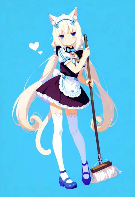 masterpiece,best quality,amazing quality, solo, Vanilla_(nekopara),Nekopara_Vanilla, maid, long hair, cat ears, blue eyes, waist apron, short sleeves, very long hair, jingle bell, puffy short sleeves, twintails, bell, blue footwear, name tag, cat ear legwear, cute pose, holding mop,simple background, blue background,love symbol,haiz_ai, no lineart,no outline, <lora:ponyv6_noobE11_2_adamW-000017:0.3> <lora:MeMaXL4:0.8> <lora:veluflora-wai:0.4> <lora:haiz_ai_illu:0.7>