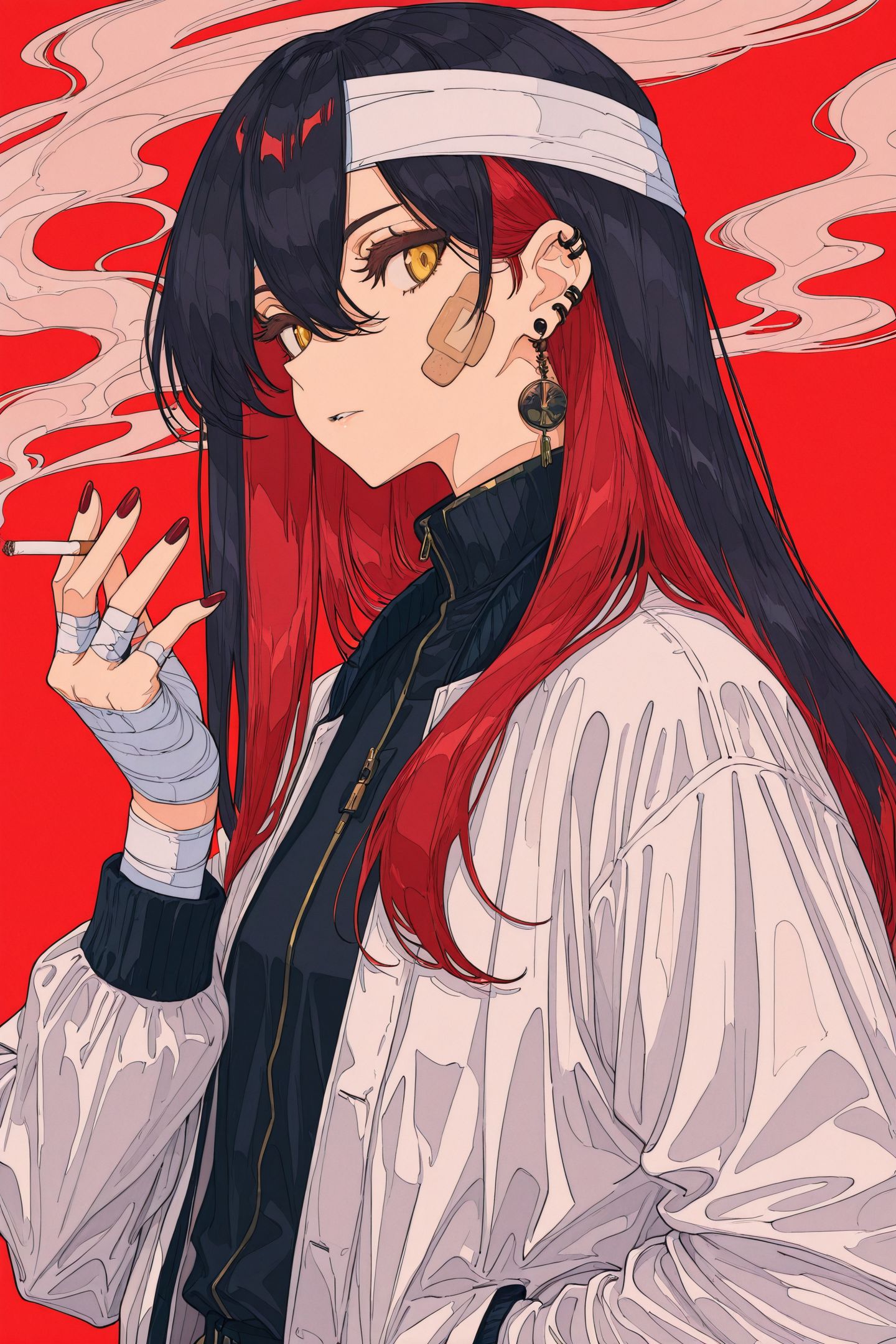 solo,1girl,bandages,ligne claire,black hair,yellow eyes,cigarette,smoke,looking at viewer,long hair,jewelry,jacket,multicolored hair,holding,earrings,nail polish,parted lips,bandaged head,smoking,holding cigarette,red hair,piercing,ear piercing,upper body,white jacket,black nails,shirt,hair between eyes,red background,open clothes,bandaged hand,bandaid,red nails,bandaid on face,
<lora:jiaocha_illustriousXL:1>,