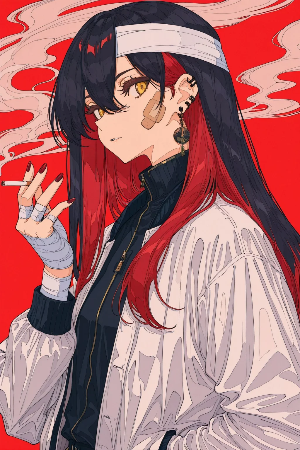 solo,1girl,bandages,ligne claire,black hair,yellow eyes,cigarette,smoke,looking at viewer,long hair,jewelry,jacket,multicolored hair,holding,earrings,nail polish,parted lips,bandaged head,smoking,holding cigarette,red hair,piercing,ear piercing,upper body,white jacket,black nails,shirt,hair between eyes,red background,open clothes,bandaged hand,bandaid,red nails,bandaid on face,
<lora:jiaocha_illustriousXL:1>,