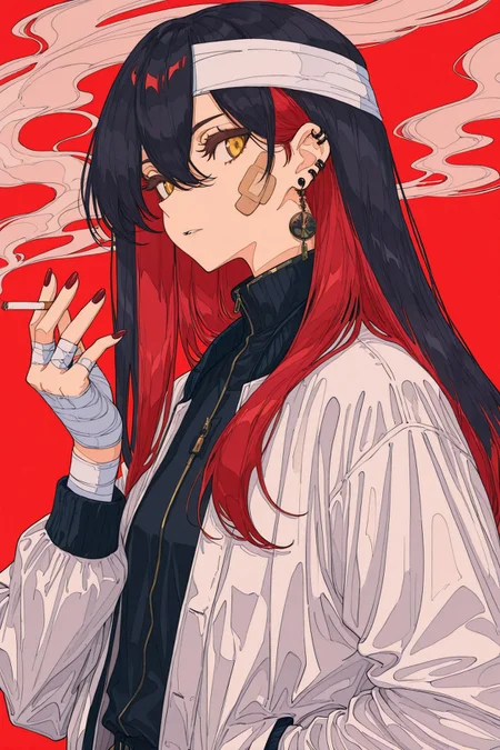 solo,1girl,bandages,ligne claire,black hair,yellow eyes,cigarette,smoke,looking at viewer,long hair,jewelry,jacket,multicolored hair,holding,earrings,nail polish,parted lips,bandaged head,smoking,holding cigarette,red hair,piercing,ear piercing,upper body,white jacket,black nails,shirt,hair between eyes,red background,open clothes,bandaged hand,bandaid,red nails,bandaid on face,
<lora:jiaocha_illustriousXL:1>,