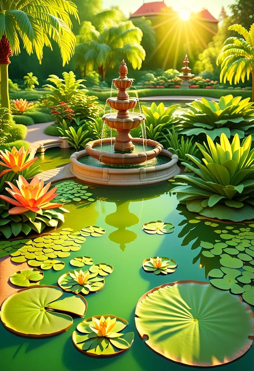 ispzxll, diorama, isometric, miniature, botanical garden, public park, lily pads, pond, manmade pond, water fountain, park, walking around park, potted plants, green water, murky water, 8k, golden hour, long shadows
